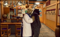 熊酒場2丁目店のボーナス確定画面の熊女将と熊三郎の抱擁