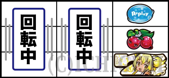 LBパチスロ1000ちゃんAのリーチ目（右リール下段白7停止）