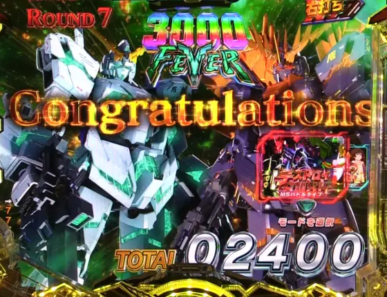 パチンコPフィーバー機動戦士ガンダムユニコーン 再来-白き一角獣と黒き獅子-の3000FEVER(7図柄揃い)